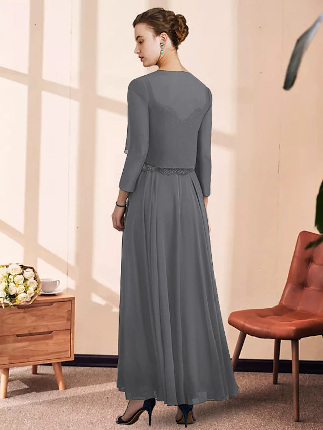 Luolandi Two Piece A-Line Mother of the Bride Dress Elegant V Neck Ankle Length Chiffon Lace Sleeveless with Pleats