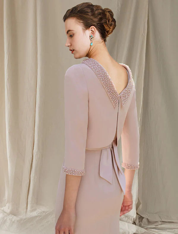 Luolandi Two Piece Mermaid / Trumpet Mother of the Bride Dress Church Elegant Square Neck Asymmetrical Tea Length Short Jacket Dresses with Pearls Beading