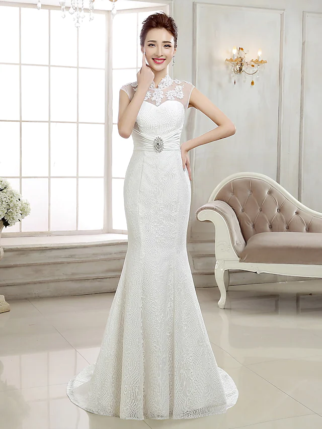 Luolandi Wedding Dresses High Neck Lace Cap Sleeve Sexy Illusion Detail Backless with Beading
