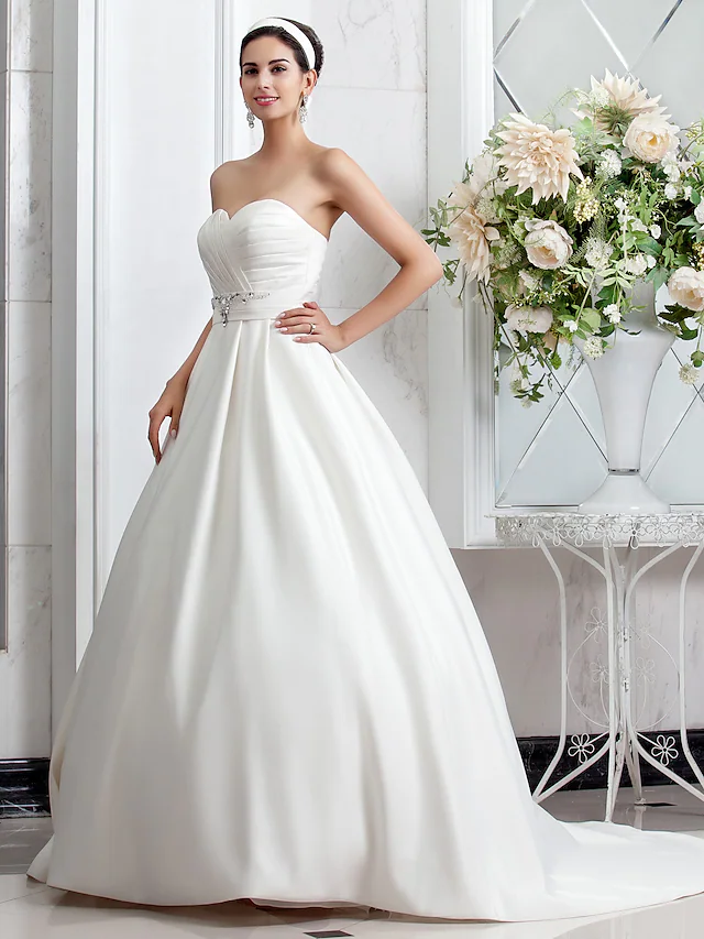 Luolandi Princess A-Line Wedding Dresses Sweetheart Neckline Satin Sleeveless with Sash Ribbon Ruched