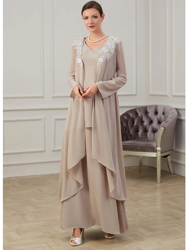 Luolandi A-Line Mother of the Bride Dress Elegant Jewel Neck Floor Length Polyester Long Sleeve