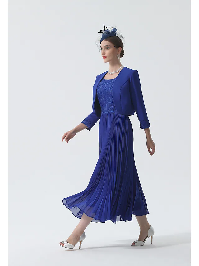 Luolandi Two Piece Mother of the Bride Dress Elegant & Luxurious Wrap Included Scoop Neck Tea Length Chiffon 3/4 Length Sleeve with Lace