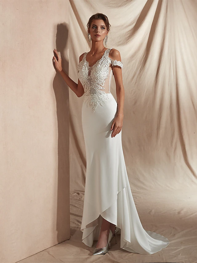 Luolandi Mermaid Trumpet Wedding Dresses V Neck Asymmetrical Matte Satin Short Sleeve Casual Sexy Illusion Detail Modern