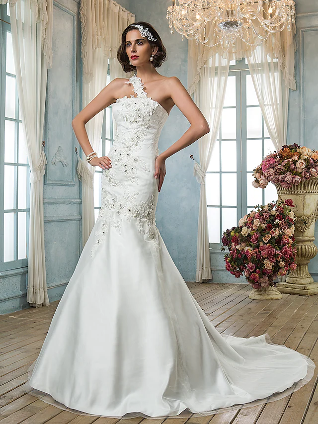 Luolandi Wedding Dresses One Shoulder Court Train Tulle Sleeveless with Beading Appliques