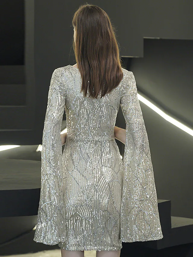 Luolandi Sparkle Elegant Homecoming Cocktail Party Dress V Neck Long Sleeve Short Mini Sequined with Split