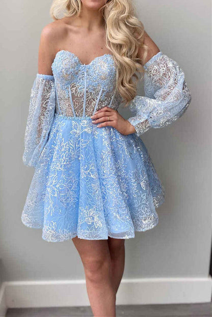 Unique Homecoming Dresses A Line Sweetheart Short/Mini With Applique And Sleeve Beautiful