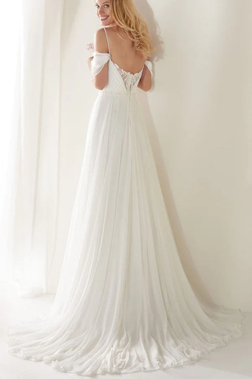 Luolandi A-Line Spaghetti Straps Off-the-Shoulder Sweep Train Wedding Dress Elegant Bridal Gown