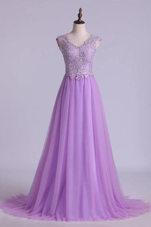 Luolandi V Neck A Line/Princess Party Dress Tulle With Applique & Beads Prom Dress