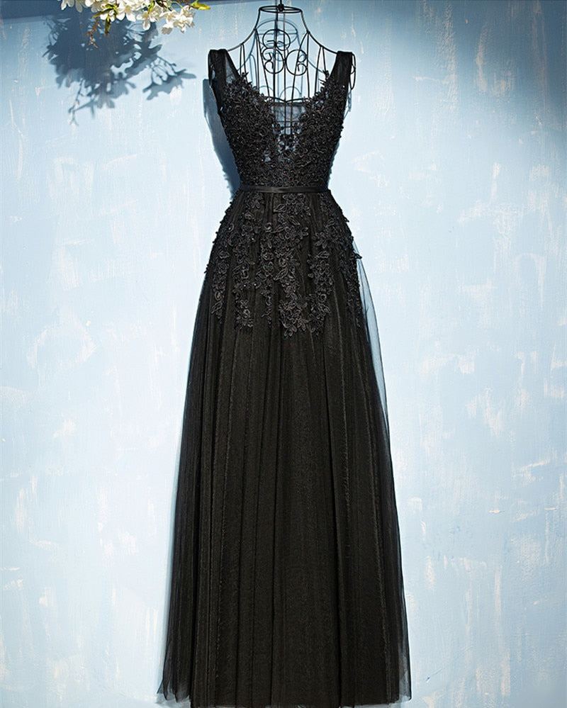 Luolandi V Neck Prom Dresses A Line Tulle With Applique Open Back Floor Length Beautiful