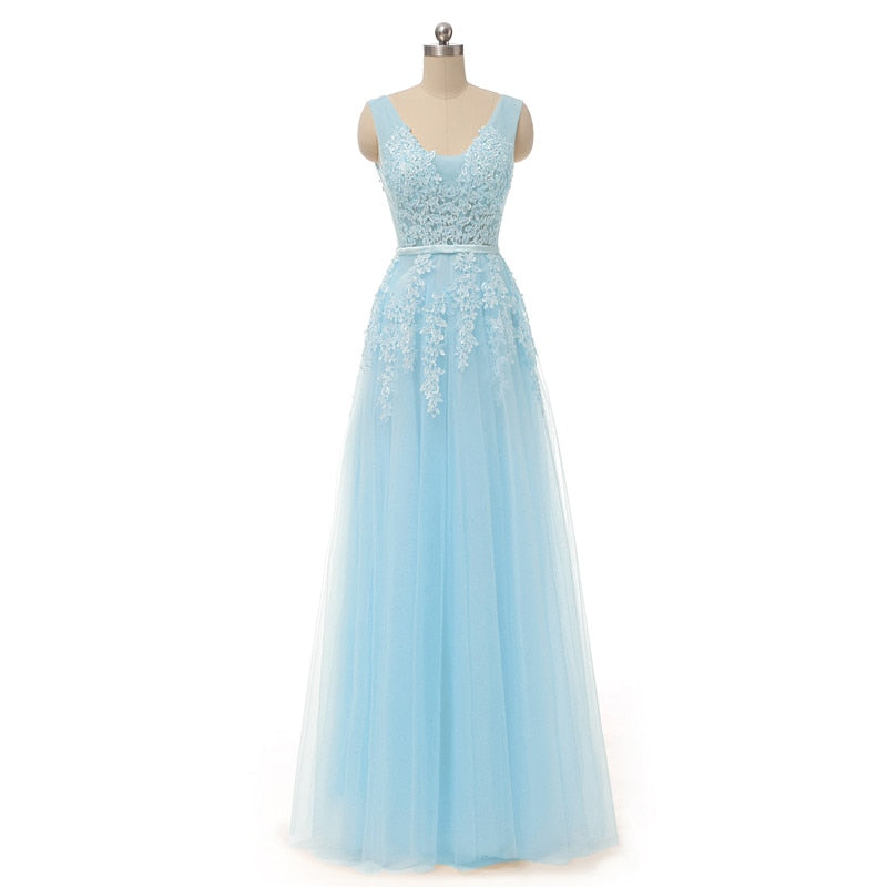 Luolandi V Neck Prom Dresses A Line Tulle With Applique Open Back Floor Length Beautiful
