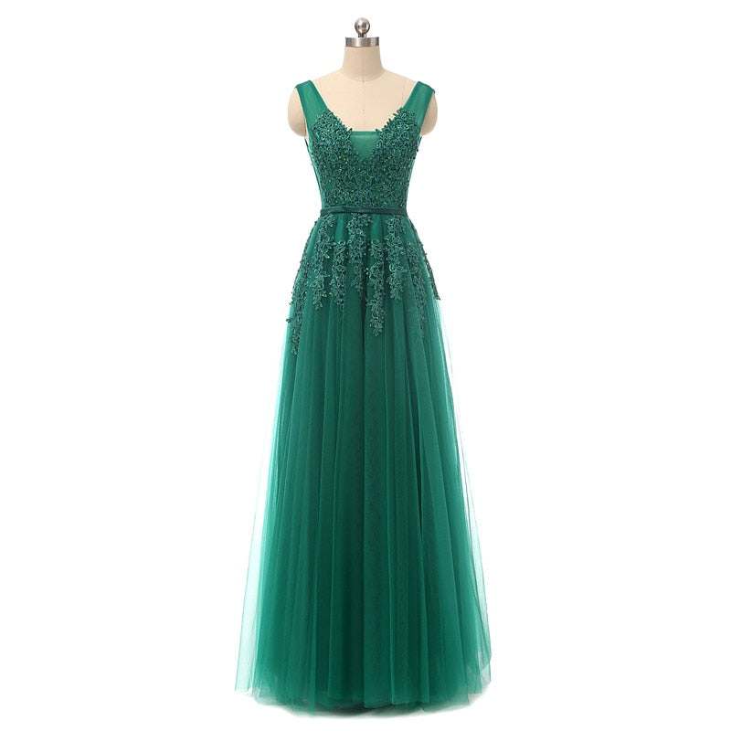 Luolandi V Neck Prom Dresses A Line Tulle With Applique Open Back Floor Length Beautiful