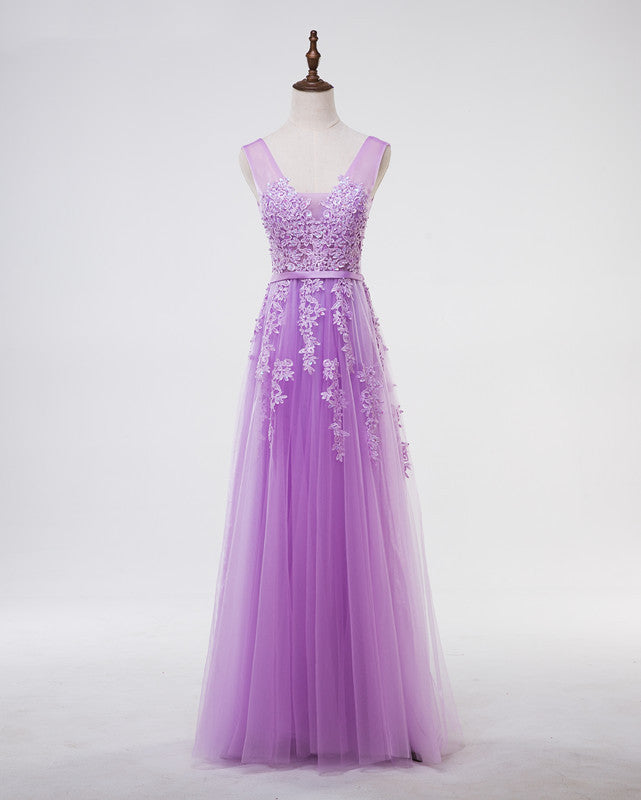 Luolandi V Neck Prom Dresses A Line Tulle With Applique Open Back Floor Length Beautiful