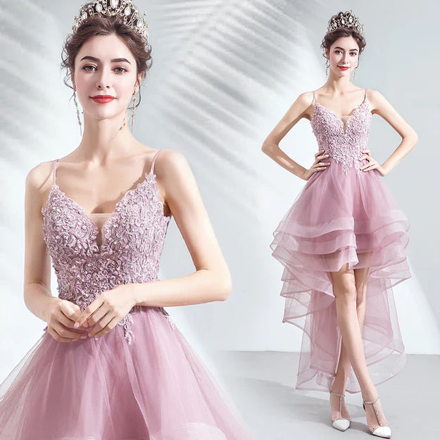 Luolandi V-neckline Lace Applique Straps High Low Party Dress Pink Tulle Homecoming Dress Beautiful