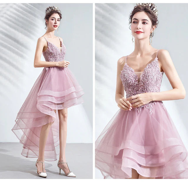 Luolandi V-neckline Lace Applique Straps High Low Party Dress Pink Tulle Homecoming Dress Beautiful