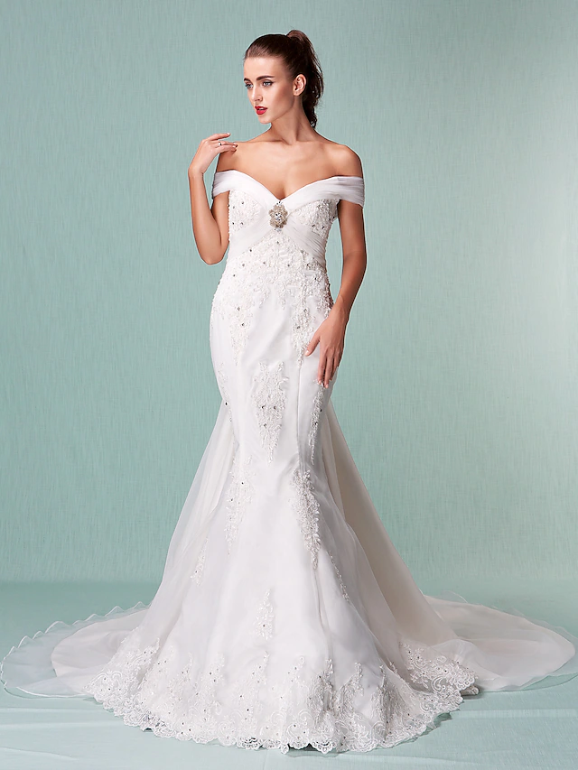 Luolandi Wedding Dresses Off Shoulder Chapel Train Organza Short Sleeve with Beading Appliques Crystal