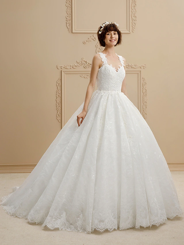 Luolandi Ball Gown Wedding Dresses Sweetheart Neckline Tulle All Over Lace Regular Straps Glamorous Illusion Detail