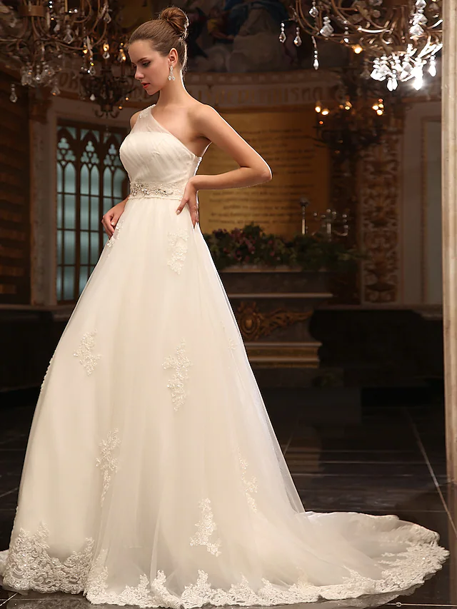 Luolandi Princess A-Line Wedding Dresses One Shoulder Court Train Satin Tulle Sleeveless Long
