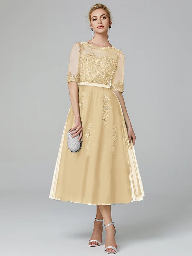 Luolandi A-Line Sparkle Wedding Guest Formal Evening Dress Illusion Neck Sleeveless Tea Length Lace Over Tulle with Sequin