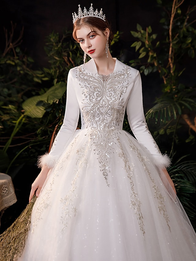 Luolandi Princess Ball Gown Wedding Dresses V Neck Floor Length Lace Tulle Long Sleeve Romantic Sparkle & Shine