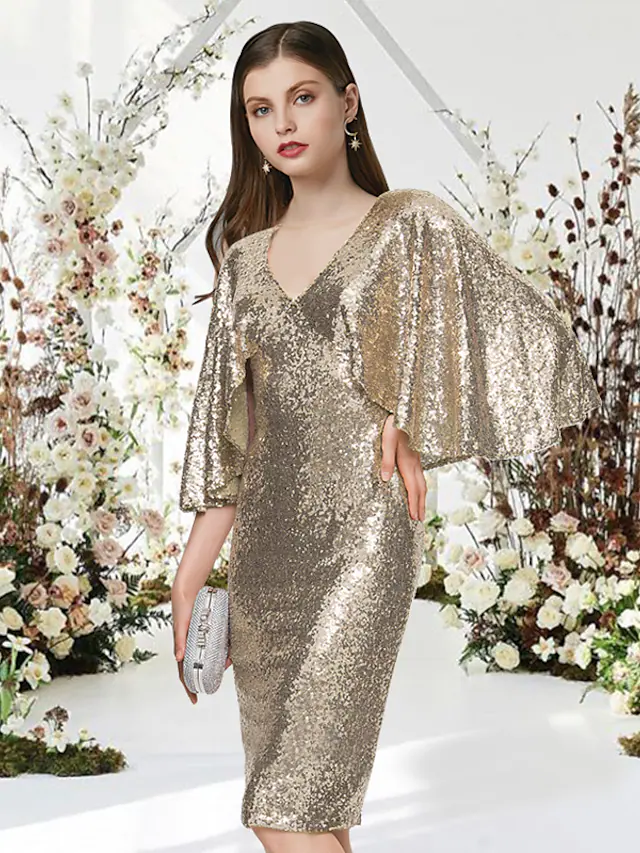 Luolandi Glittering Sparkle Graduation Cocktail Party Dress V Neck Half Sleeve Knee Length Sequined