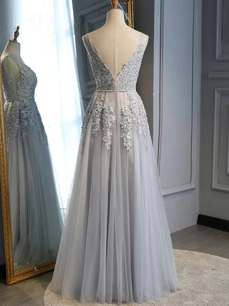 Luolandi Gray Tulle with Lace Long Prom Dresses A-line Floor Length Evening Dresses Bridesmaid Dress Elegant