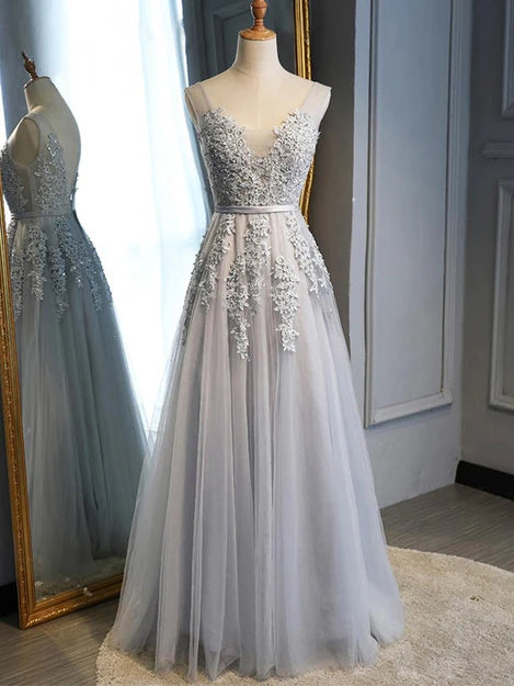 Luolandi Gray Tulle with Lace Long Prom Dresses A-line Floor Length Evening Dresses Bridesmaid Dress Elegant