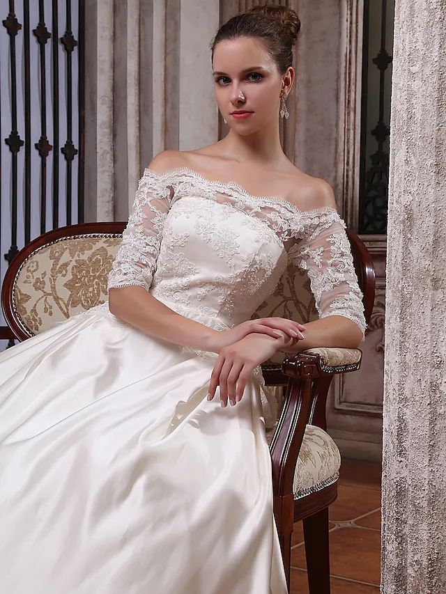Luolandi Ball Gown Wedding Dresses Scalloped-Edge Off Shoulder Court Train Satin Half
