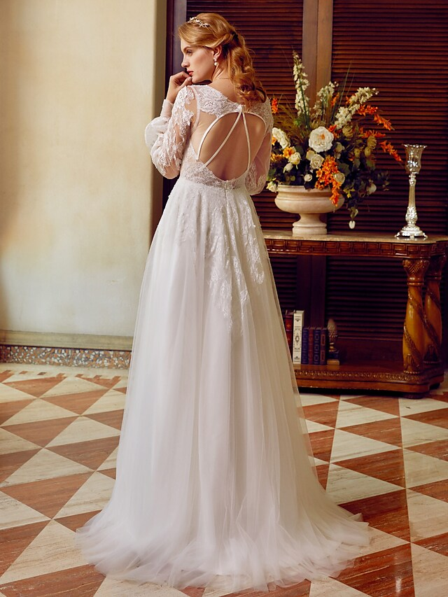 Luolandi A-Line Wedding Dresses V Neck Lace Tulle Long Sleeve See-Through Pure Color