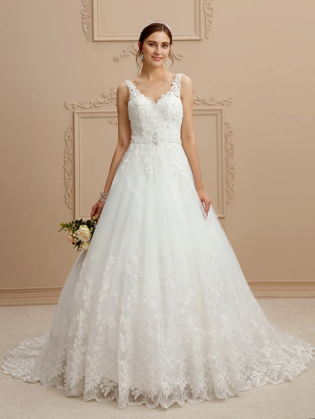 Luolandi Ball Gown Wedding Dresses V Neck Court Train Tulle Beaded Lace Lace Over Tulle Spaghetti Strap Glamorous Illusion Detail Backless with Beading