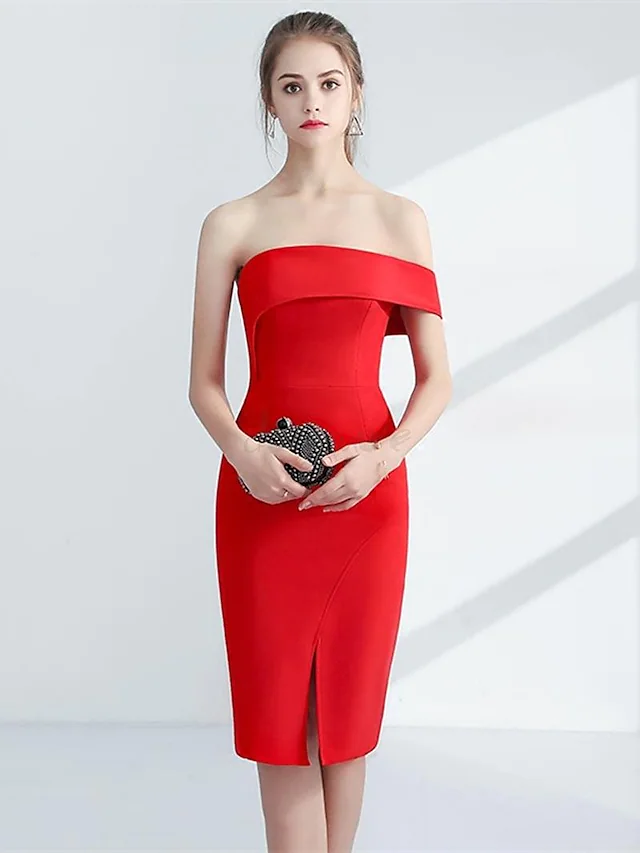 Luolandi Minimalist Elegant Engagement Cocktail Party Dress Strapless Sleeveless Knee Length Fabric with Sleek