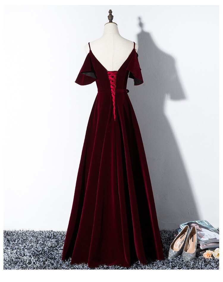Luolandi Velvet A Line Spaghetti Straps Prom Dresses With Flounced Floor Length V-neck Evening Dresses