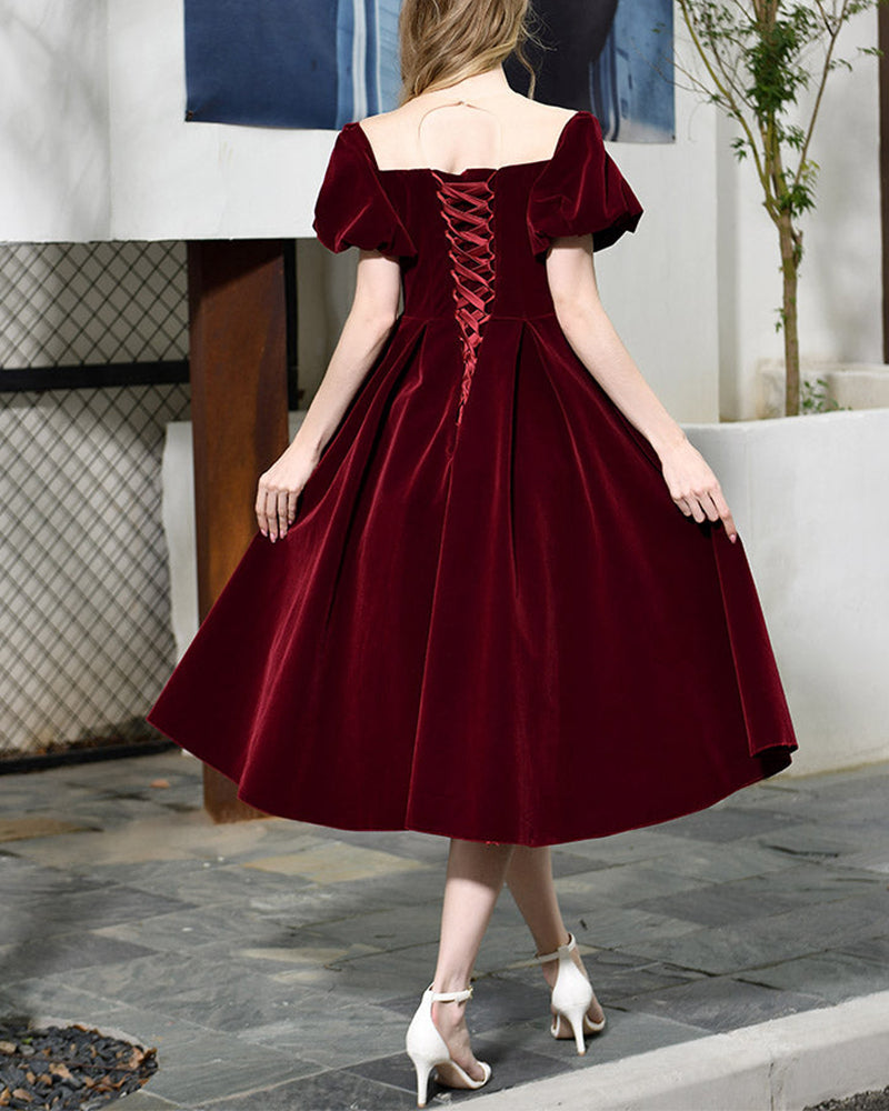 Luolandi Burgundy Velvet Scoop Lace Up A Line Homecoming Dresses Short Prom Dresses Evening Dresses