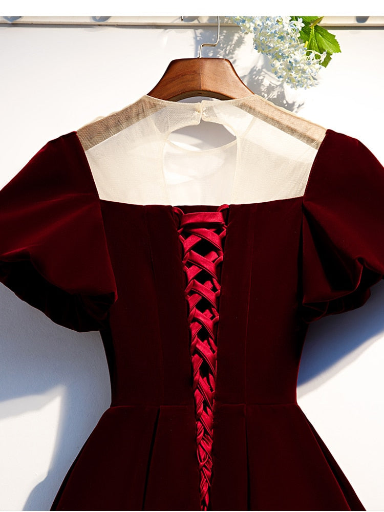 Luolandi Burgundy Velvet Scoop Lace Up A Line Homecoming Dresses Short Prom Dresses Evening Dresses