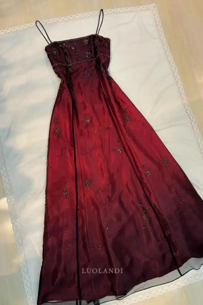 Luolandi Vintage A Line Spaghetti Straps Sleeveless Long Formal Prom Dress Elegant Party Evening Gown Charming Wedding Guest Dress