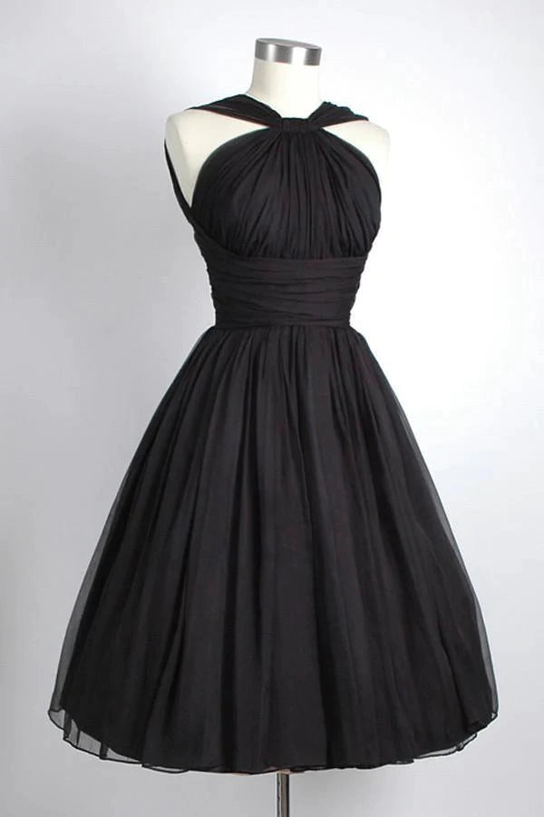 Luolandi Vintage Black A Line Open Back Sleeveless Ruched Homecoming Dresses Stylish Graduation Party Dress