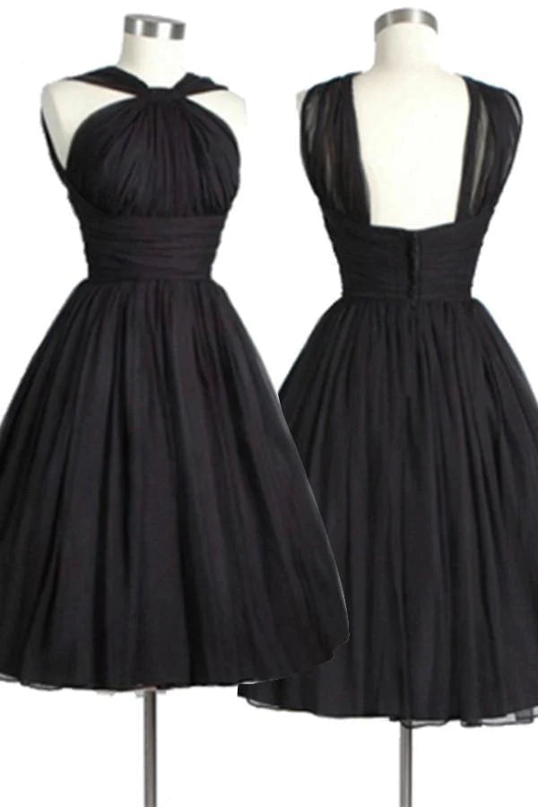 Luolandi Vintage Black A Line Open Back Sleeveless Ruched Homecoming Dresses Stylish Graduation Party Dress