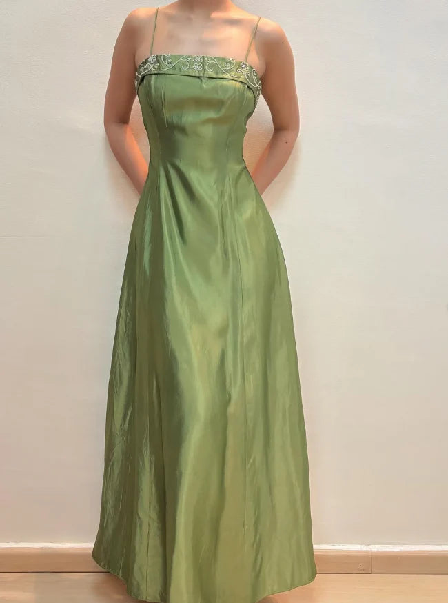 Luolandi Vintage Green A Line Spaghetti Straps Sleeveless Long Formal Prom Dress Elegant Evening Party Dress