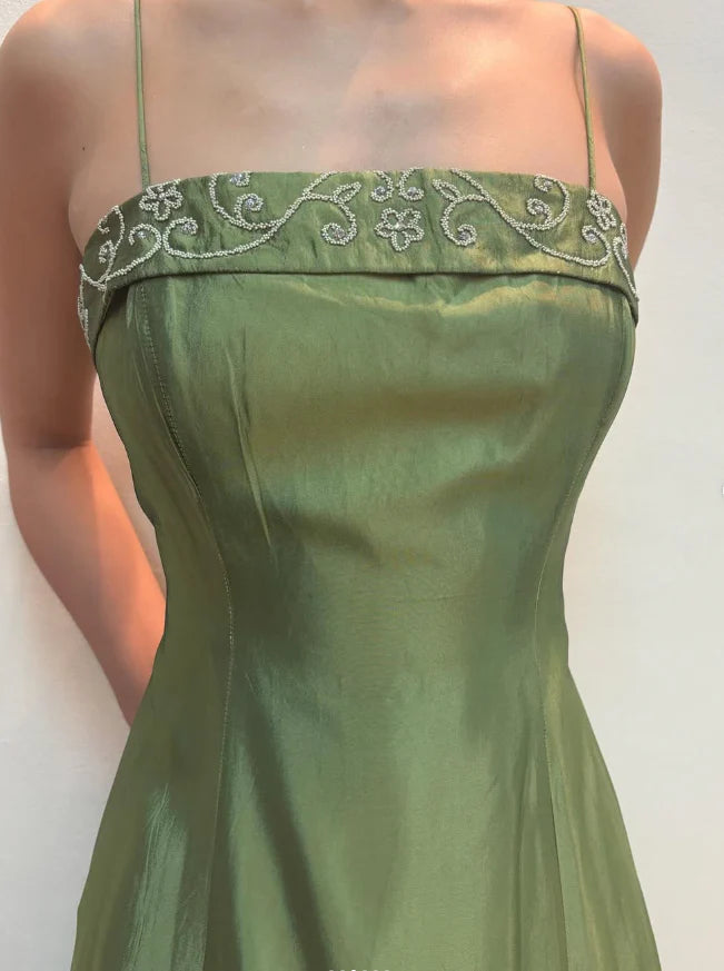Luolandi Vintage Green A Line Spaghetti Straps Sleeveless Long Formal Prom Dress Elegant Evening Party Dress