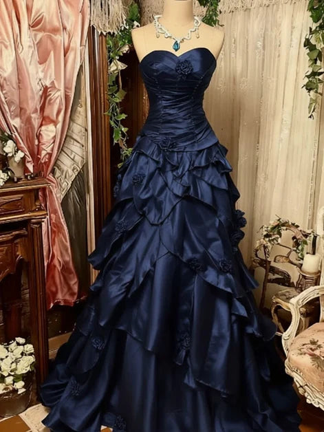 Luolandi Vintage Sweetheart Blue A-Line Strapless Sleeveless Ruffle Long Formal Prom Dress Elegant Evening Party Dress