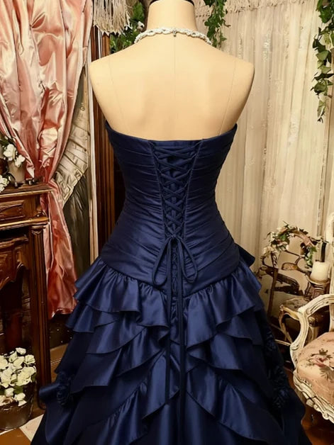 Luolandi Vintage Sweetheart Blue A-Line Strapless Sleeveless Ruffle Long Formal Prom Dress Elegant Evening Party Dress