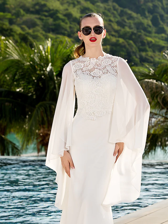 Luolandi Wedding Dresses V Neck Court Train Chiffon Long Sleeve with Beading Pure Color