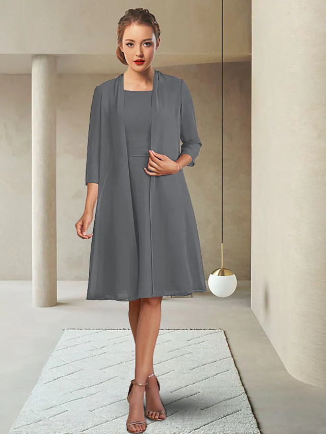 Luolandi Mother of the Bride Dress Elegant Jewel Neck Knee Length Chiffon Length Sleeve with Ruching Pure Color