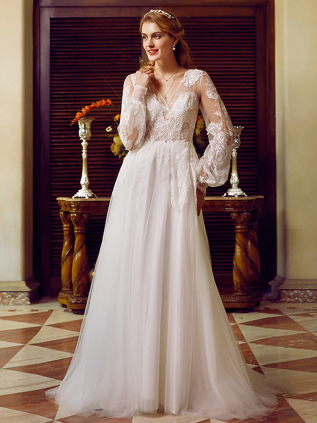 Luolandi A-Line Wedding Dresses V Neck Lace Tulle Long Sleeve See-Through Pure Color