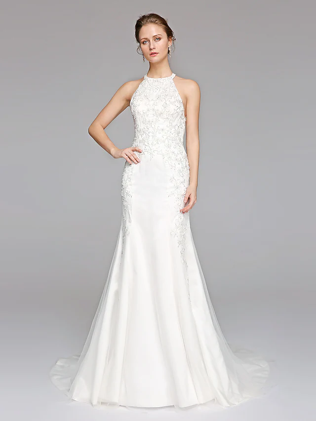 Luolandi Wedding Dresses Halter NeckLace Over Tulle Regular Straps Sexy Illusion Detail