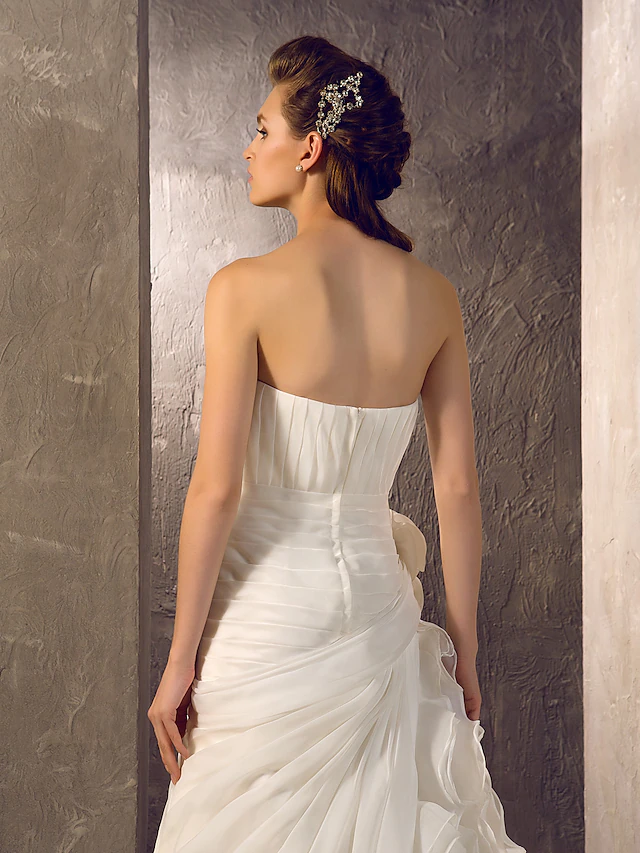 Luolandi Wedding Dresses Strapless Court Train Organza Sleeveless with Flower Cascading Ruffle