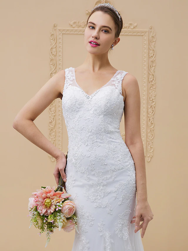 Luolandi Wedding Dresses V Neck Chapel Train Tulle All Over Lace Lace Over Tulle Regular Straps Sexy Illusion Detail Backless with Beading