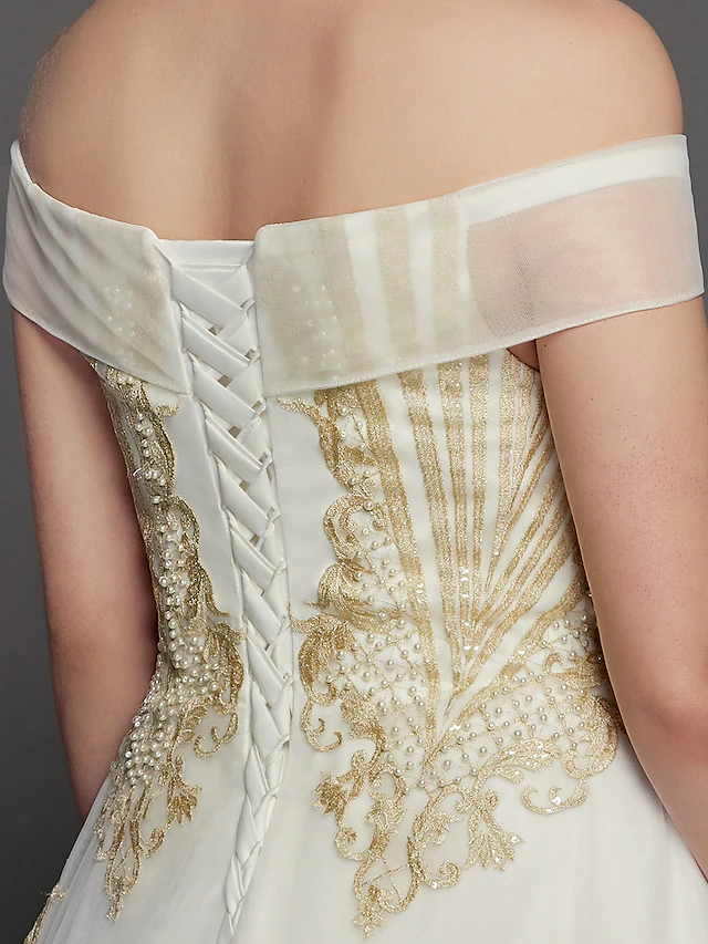 Luolandi Princess Wedding Dresses Off Shoulder Chapel Train Lace Tulle Cap Sleeve Glamorous Illusion Detail