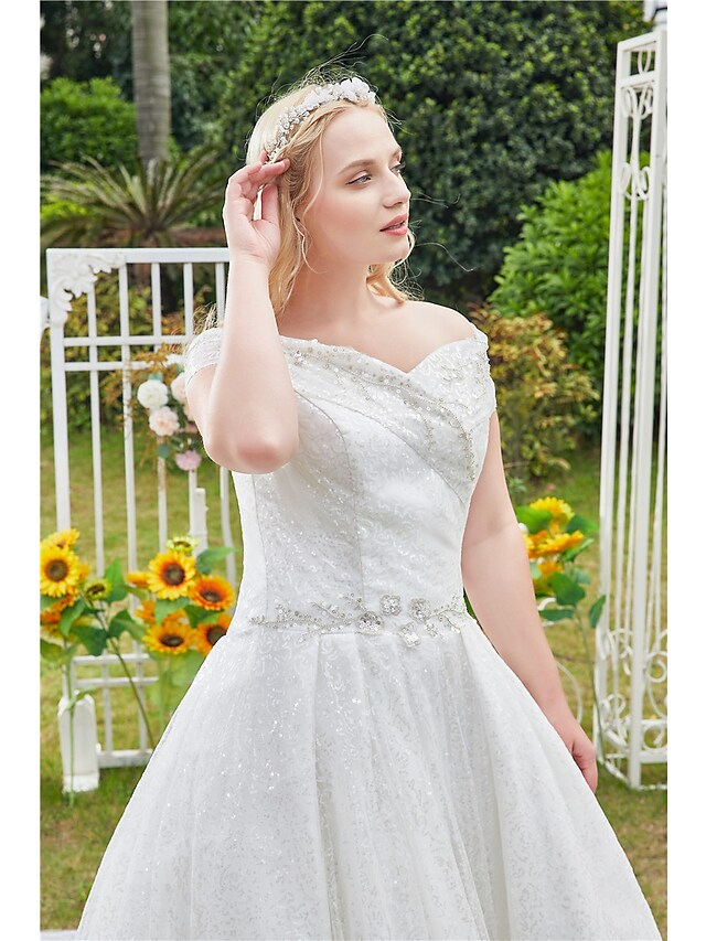 Luolandi Princess Ball Gown Wedding Dresses Off Shoulder Cathedral Train Lace Tulle Sleeveless Formal Romantic Luxurious Sparkle & Shine Plus Size with Beading