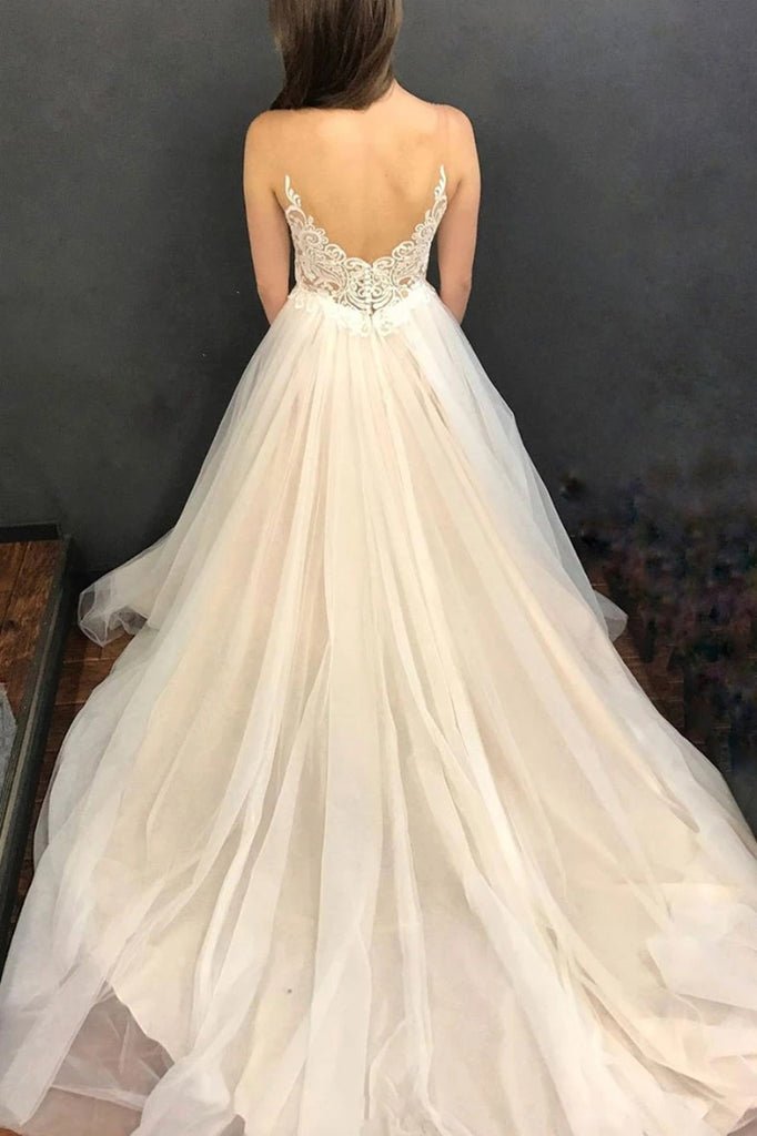 Luolandi A Line Straps Wedding Dress Tulle With Applique Sweep Train Sexy