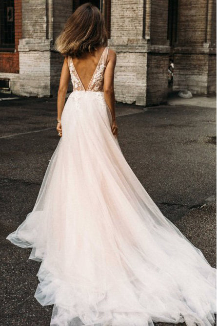 Luolandi Sexy V Neck Tulle Wedding Dress With Lace Appliques A Line Backless Bride Dress Beautiful